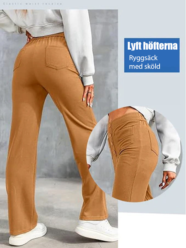 ⏳Högelastiska byxor med flera fickor/Solid color casual straight multi-pocket high elastic pants